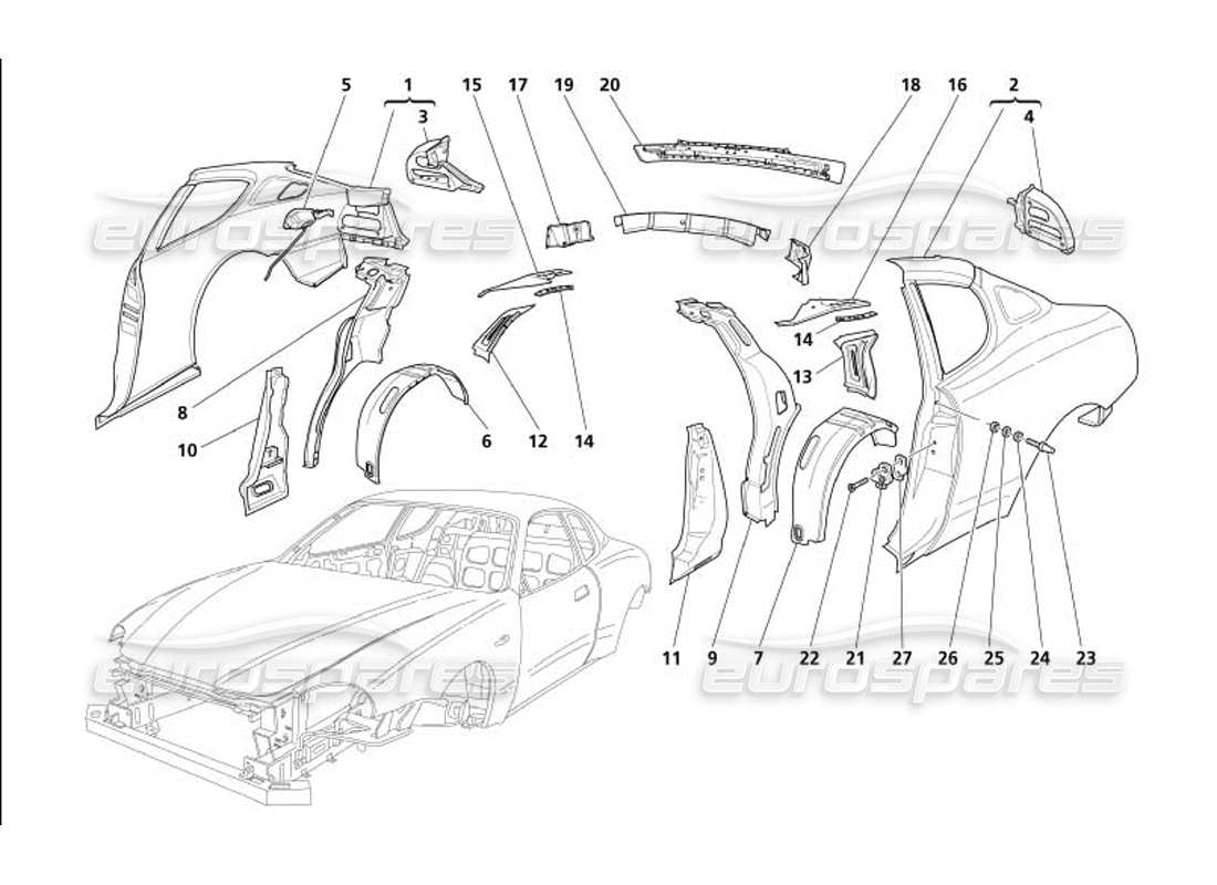 maserati 4200 gransport (2005) diagrama de piezas de los embellecedores exteriores traseros de la carrocería