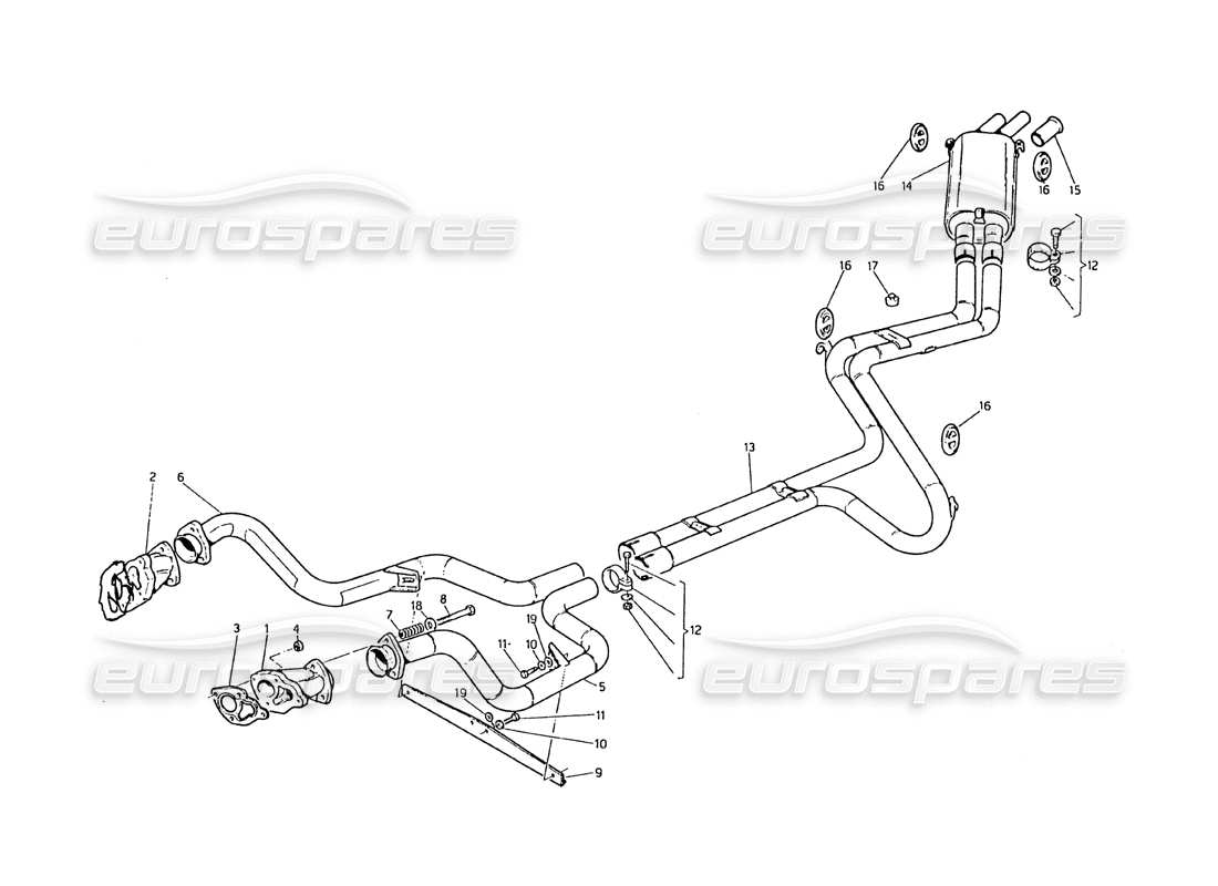 maserati biturbo 2.5 (1984) diagrama de piezas del sistema de escape