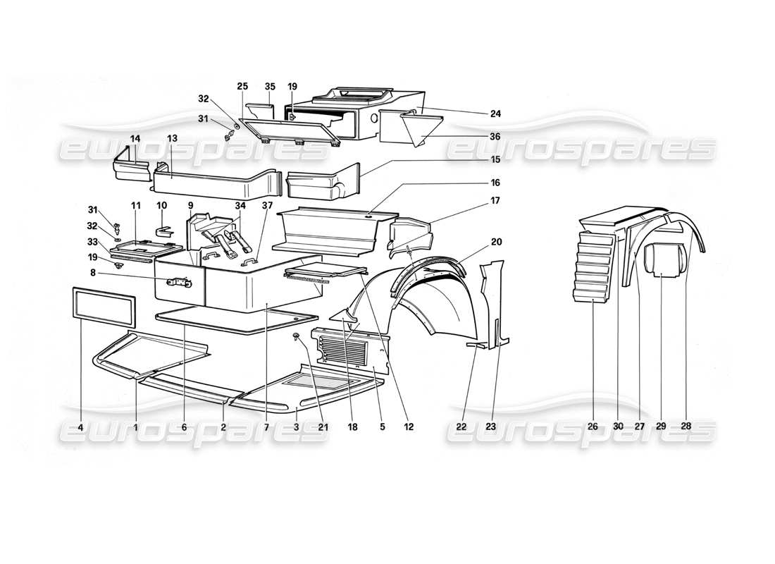 ferrari testarossa (1990) cuerpo - componentes internos diagrama de piezas