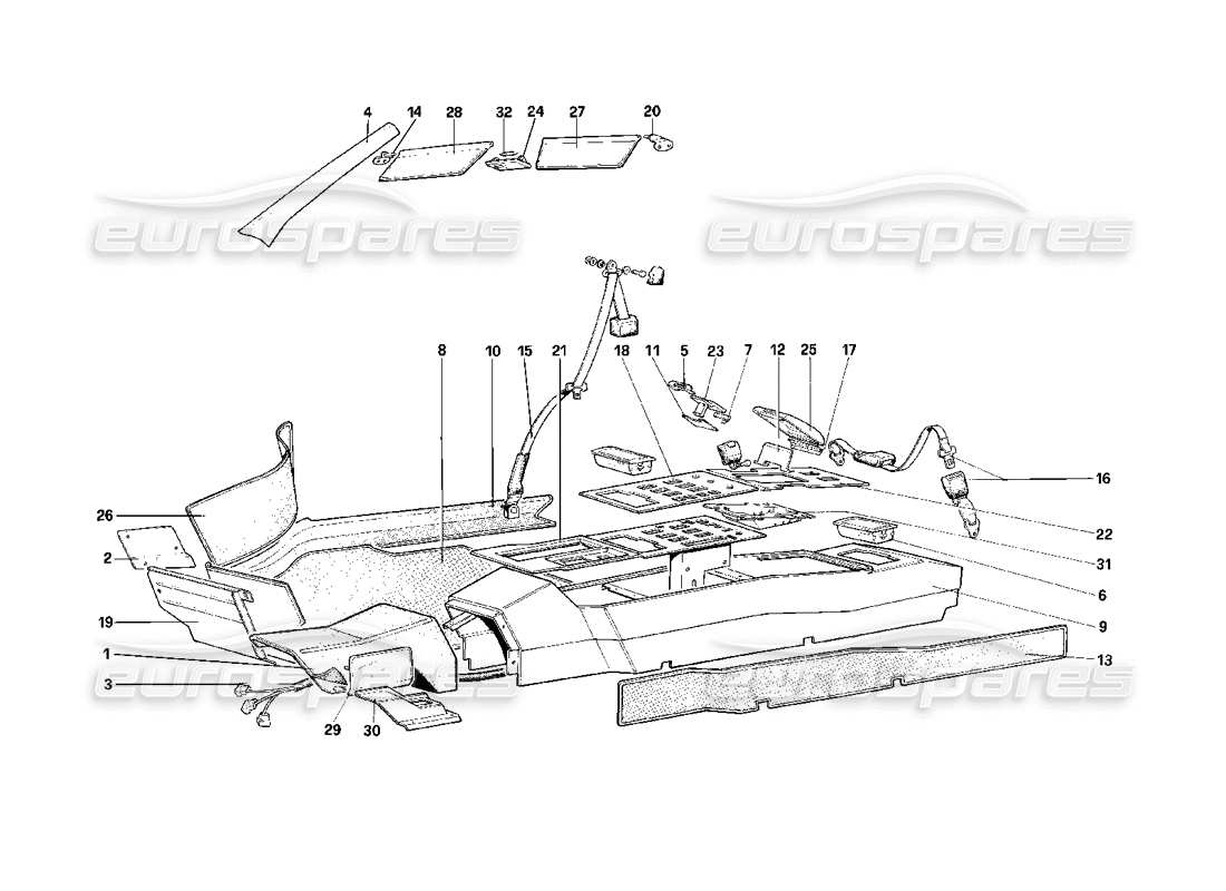 ferrari mondial 3.2 qv (1987) techo, túnel y cinturones de seguridad - diagrama de piezas cabriolet