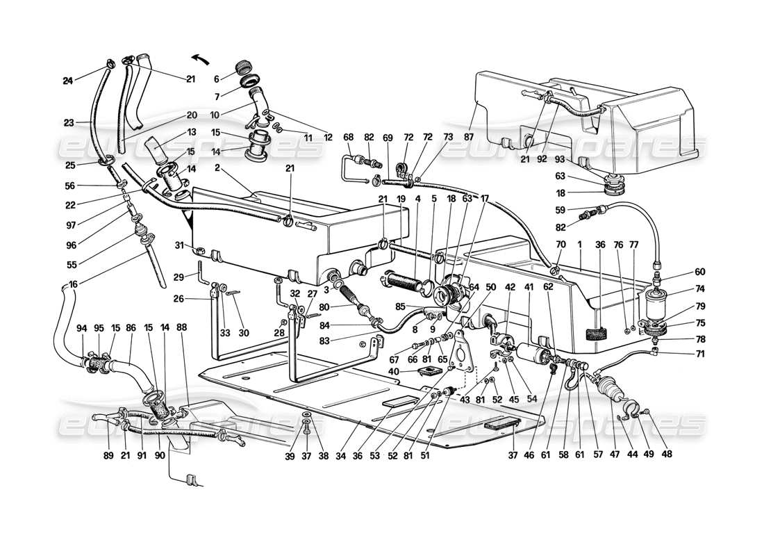 ferrari mondial 3.2 qv (1987) bomba de combustible y tuberías (no para la versión estadounidense) diagrama de piezas