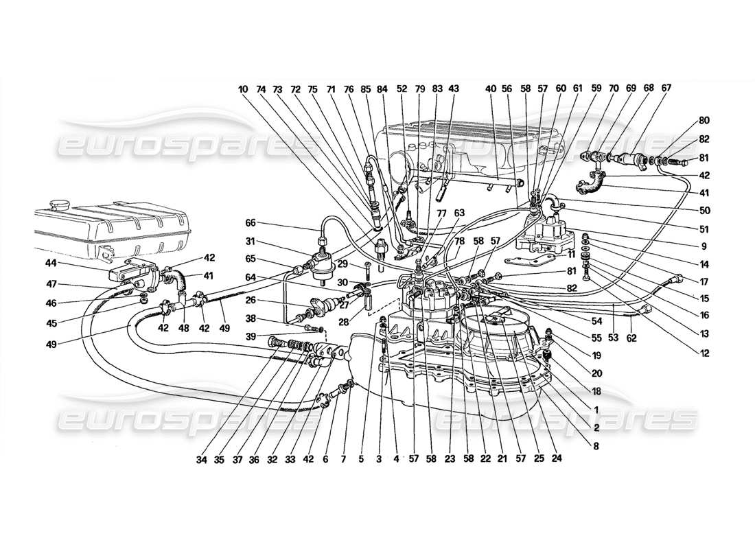 ferrari 328 (1988) diagrama de piezas de líneas de distribuidores de combustible (para la versión de ee. uu.)
