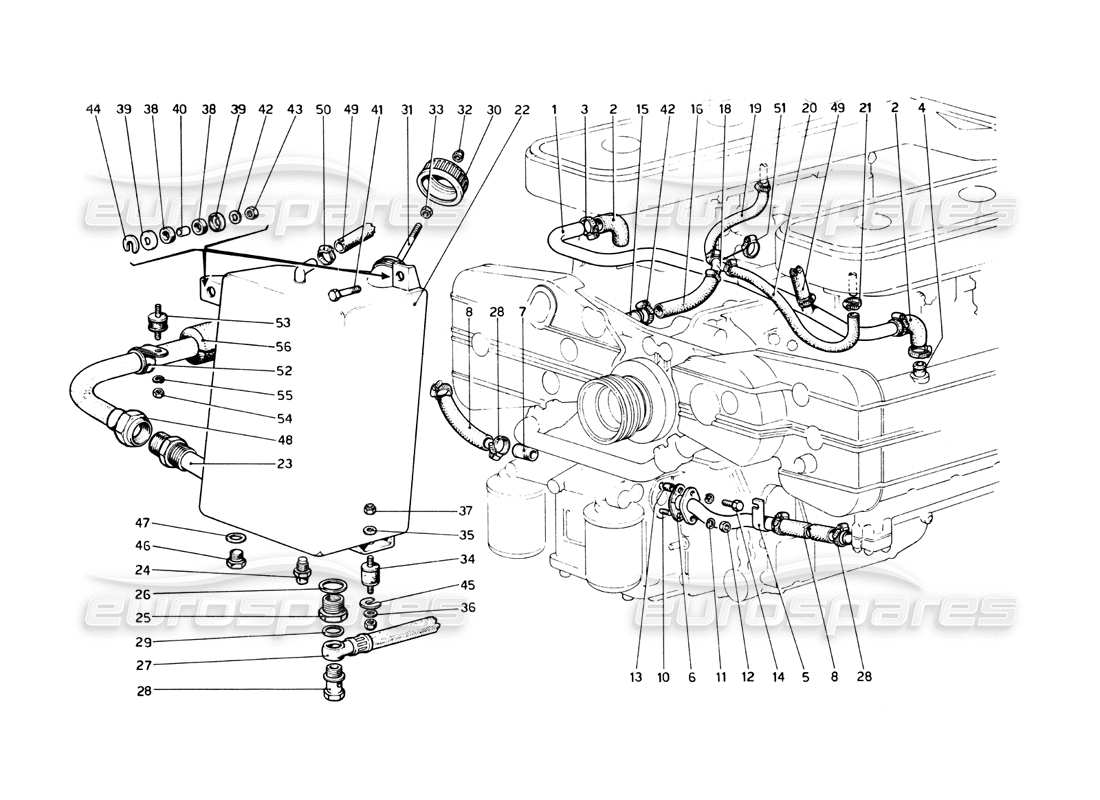 ferrari 512 bb lubricación: escape y depósito de aceite diagrama de piezas