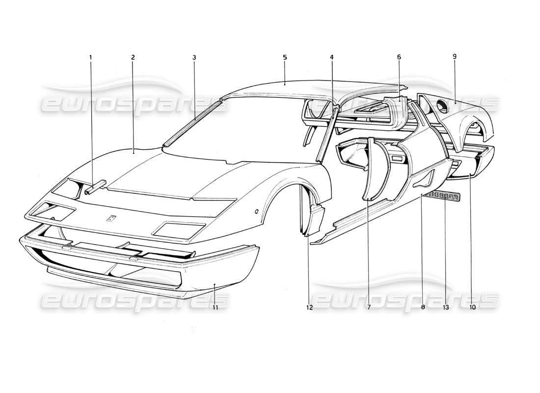 ferrari 512 bb carrocería - elementos exteriores diagrama de piezas