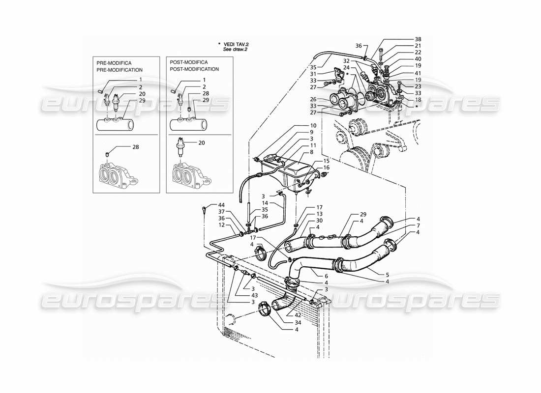maserati qtp. 3.2 v8 (1999) diagrama de piezas del termostato y tuberías de refrigeración del motor