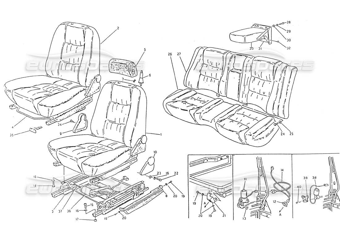 maserati 418 / 4.24v / 430 asientos delanteros y traseros diagrama de piezas