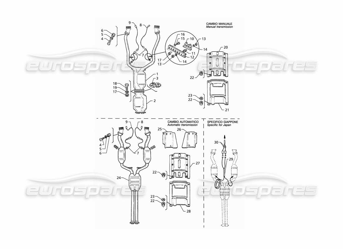 maserati qtp v8 (1998) diagrama de piezas del sistema de escape delantero