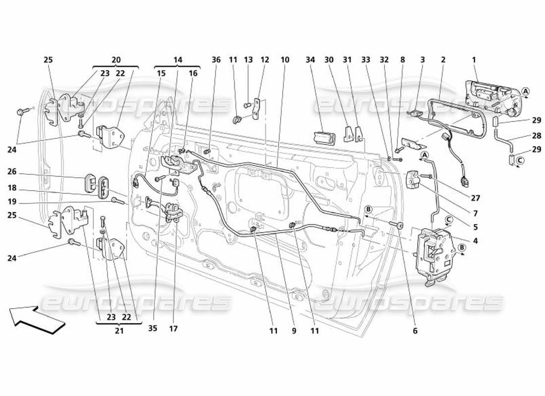 maserati 4200 spyder (2005) puertas - control de apertura y bisagras diagrama de piezas