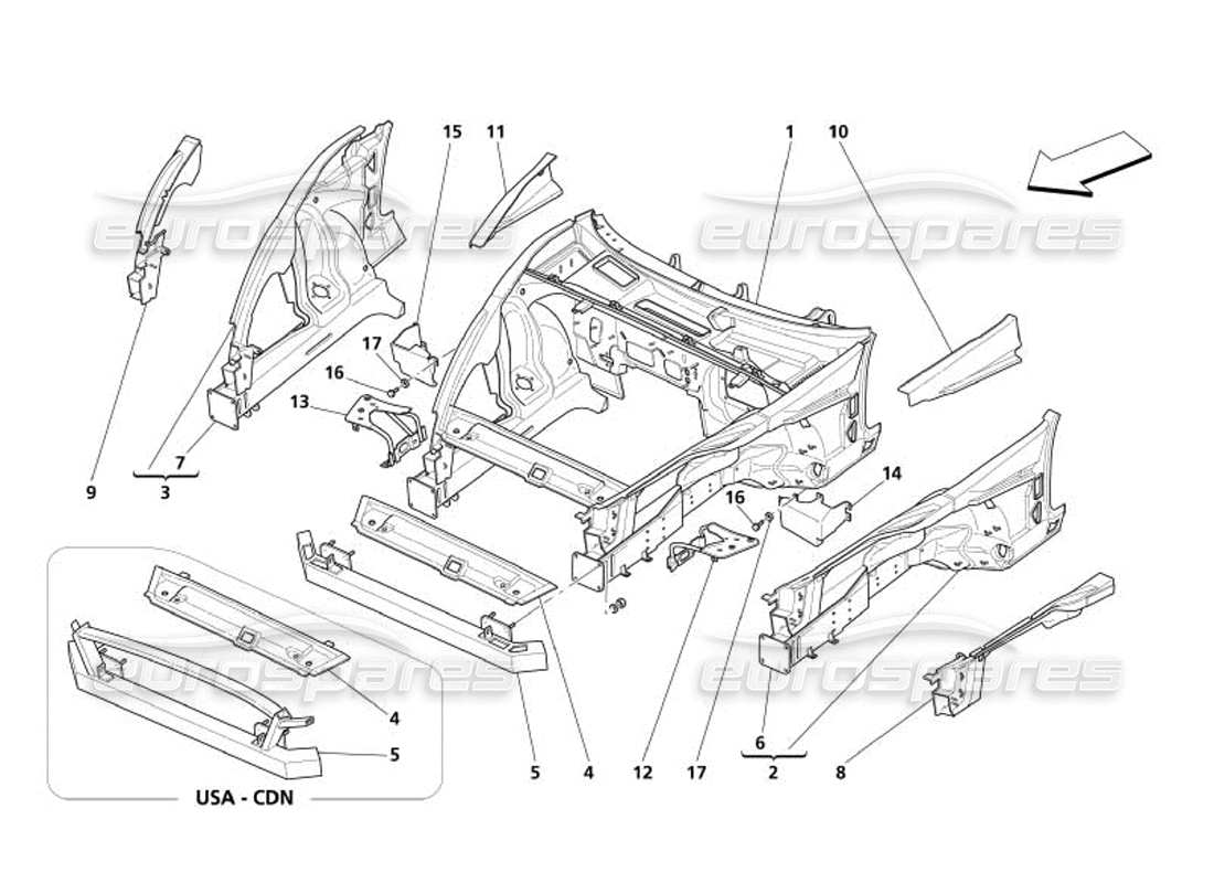maserati 4200 spyder (2005) diagrama de piezas de la estructura frontal