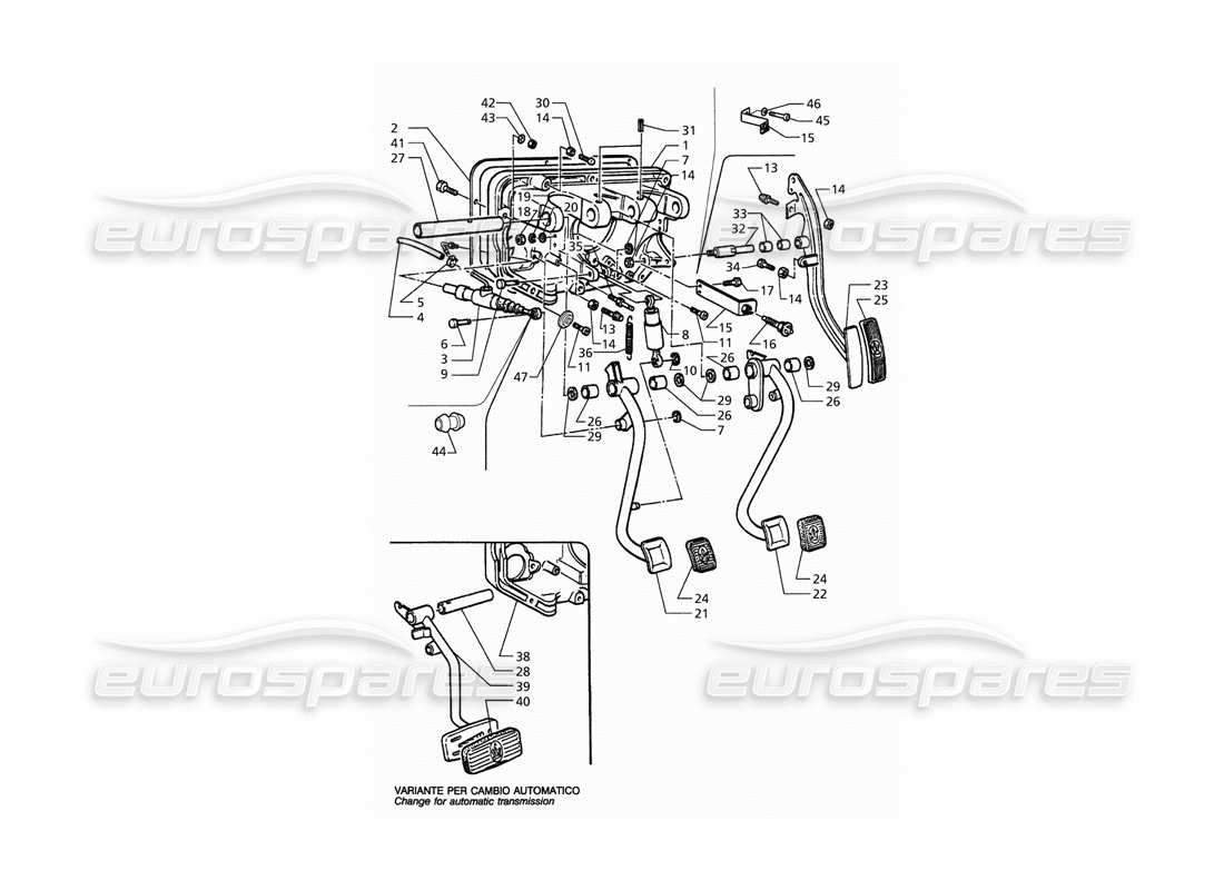 maserati qtp. 3.2 v8 (1999) diagrama de pieza de la bomba de embrague del conjunto de pedal para transmisión izquierda (mt y at)
