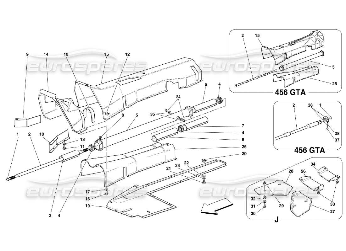 ferrari 456 gt/gta tubo de conexión del motor - diagrama de piezas de caja de cambios y aislamiento