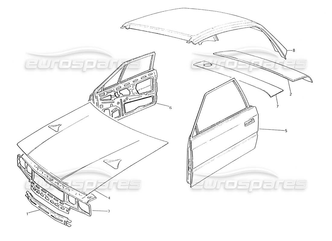 maserati karif 2.8 carrocería: panel frontal, puertas y capó, diagrama de piezas del panel del techo