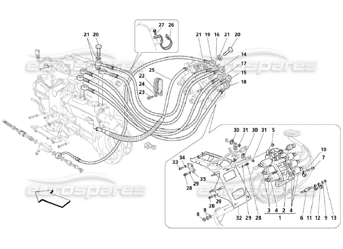 maserati qtp. (2006) 4.2 sistema hidráulico de control de la caja de cambios: diagrama de piezas de la unidad de potencia
