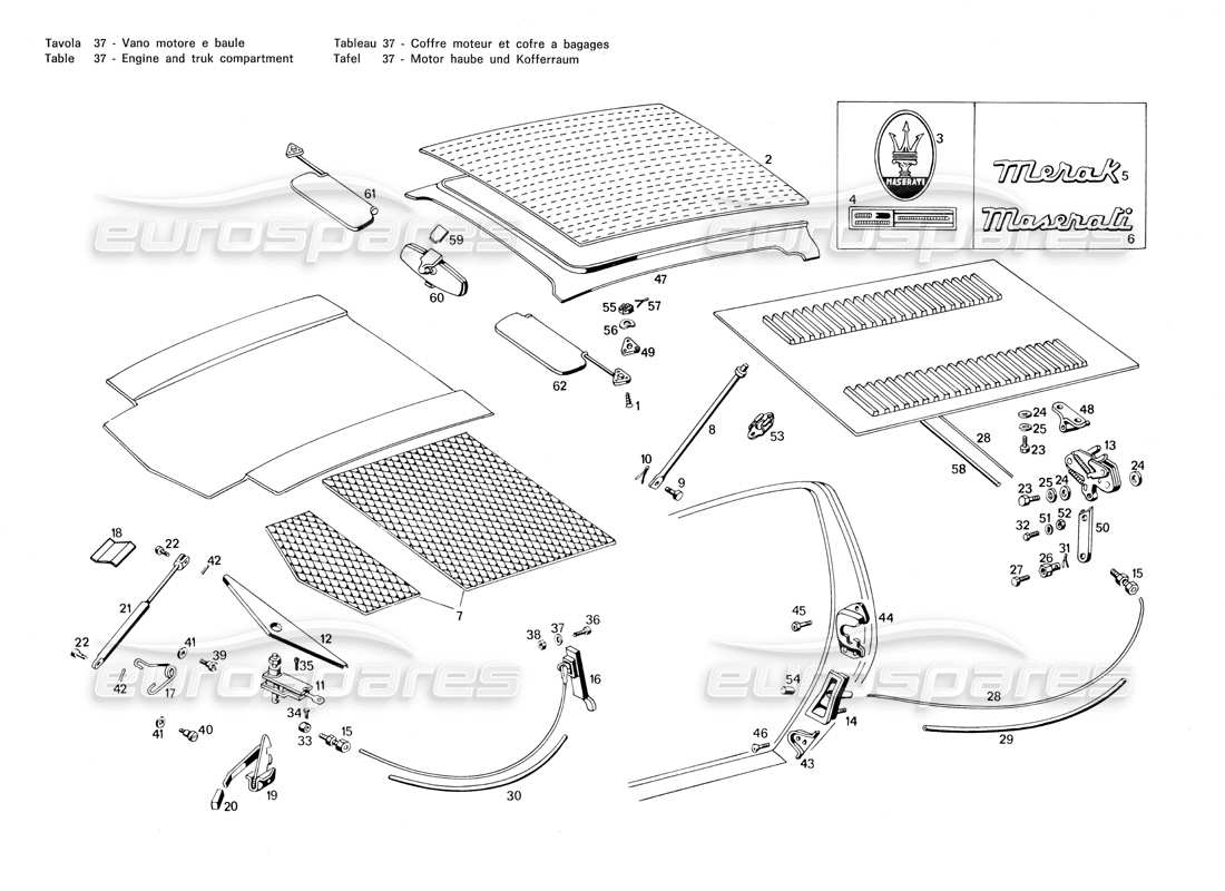 maserati merak 3.0 diagrama de piezas del compartimento del motor y del maletero