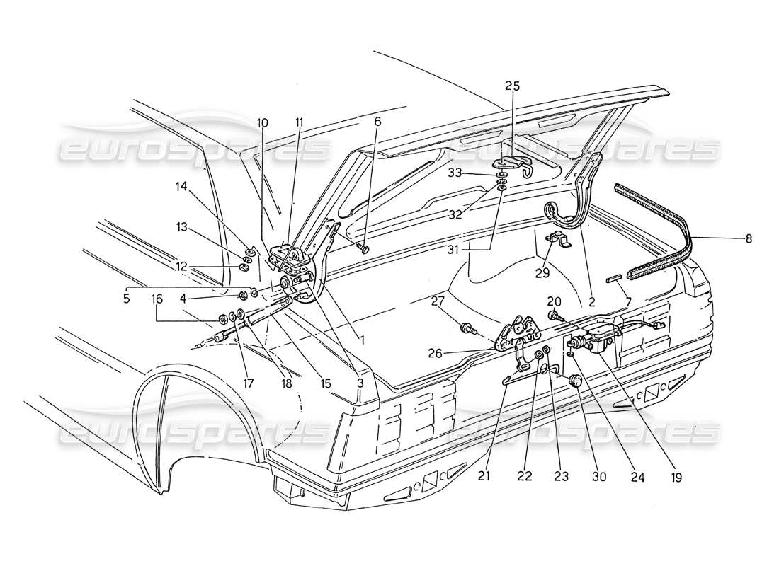maserati 2.24v tapa del maletero: diagrama de piezas de liberación de la tapa del maletero con bisagras