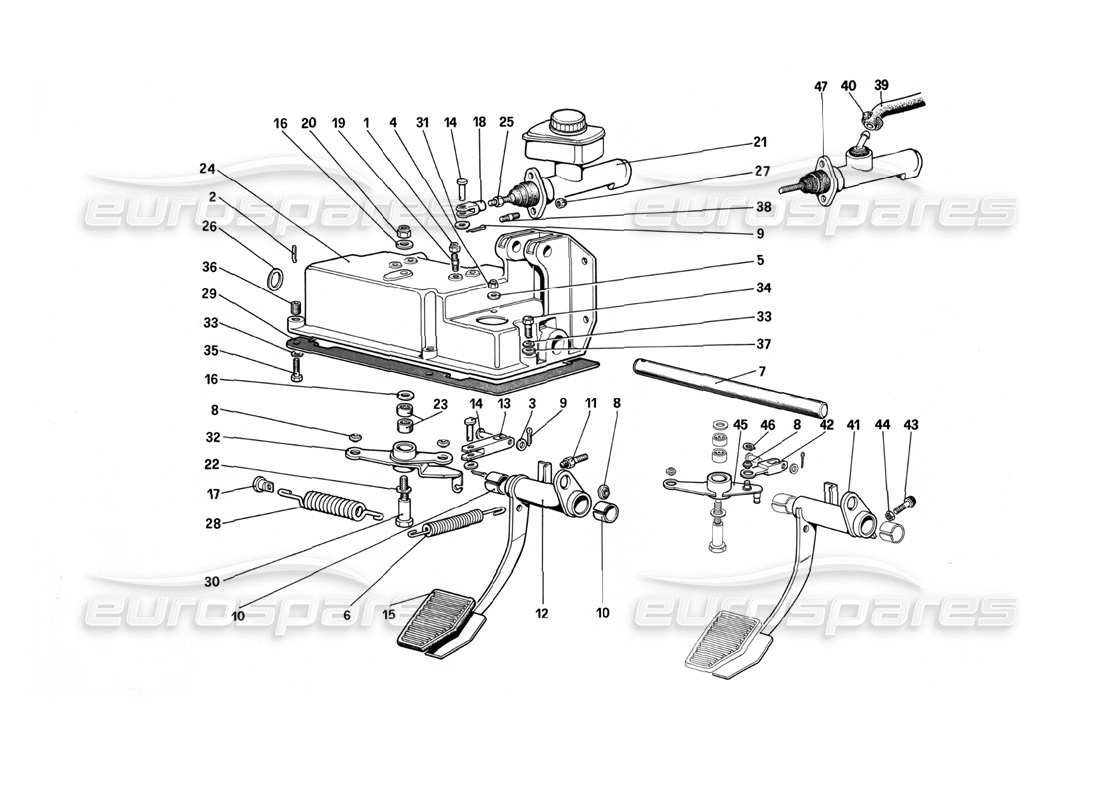 ferrari mondial 3.0 qv (1984) diagrama de pieza del tablero de pedales: control del embrague (variantes para la versión con volante a la derecha)