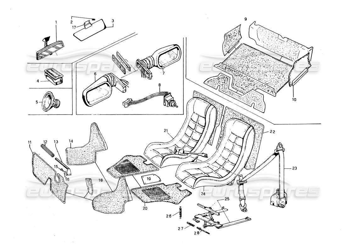 lamborghini countach 5000 qvi (1989) diagrama de piezas de asientos, accesorios y adornos