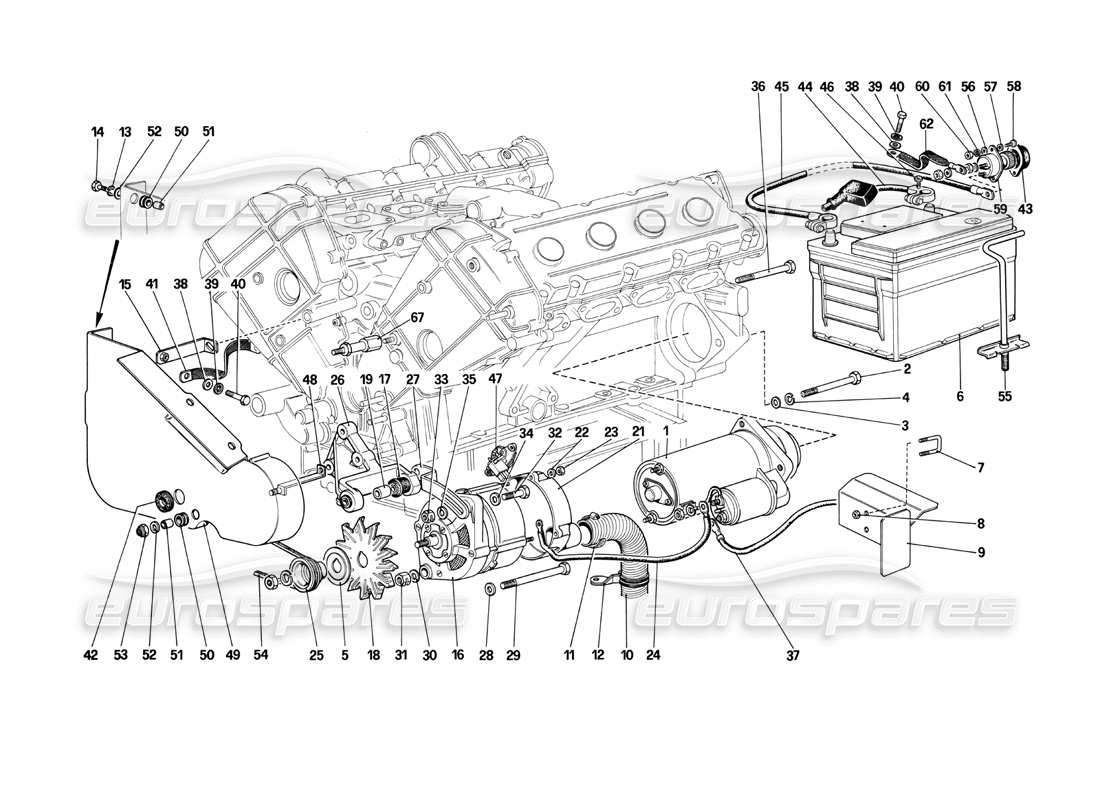 ferrari mondial 3.0 qv (1984) sistema generador eléctrico - (motor con 2 correa individual) diagrama de piezas