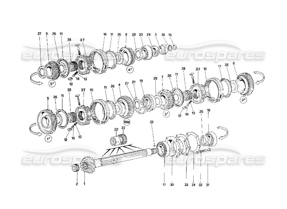 ferrari f40 diagrama de piezas de engranajes del eje de apoyo