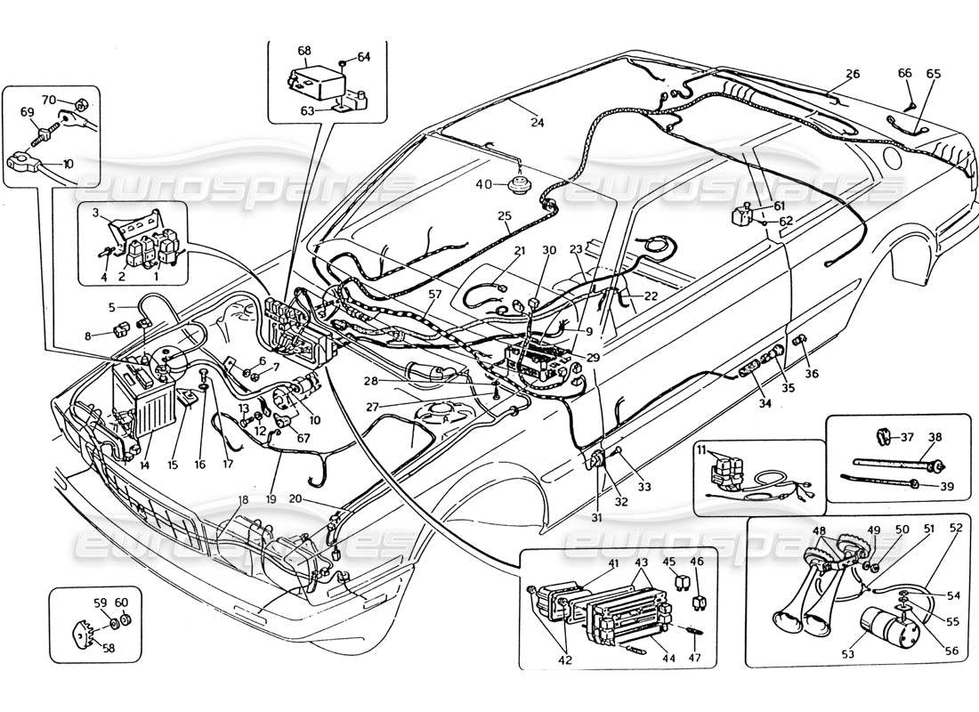 maserati 222 / 222e biturbo diagrama de piezas del mazo de cables y componentes eléctricos (dirección izquierda)
