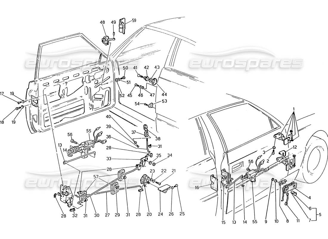maserati 222 / 222e biturbo puertas: diagrama de piezas de bisagras y controles internos