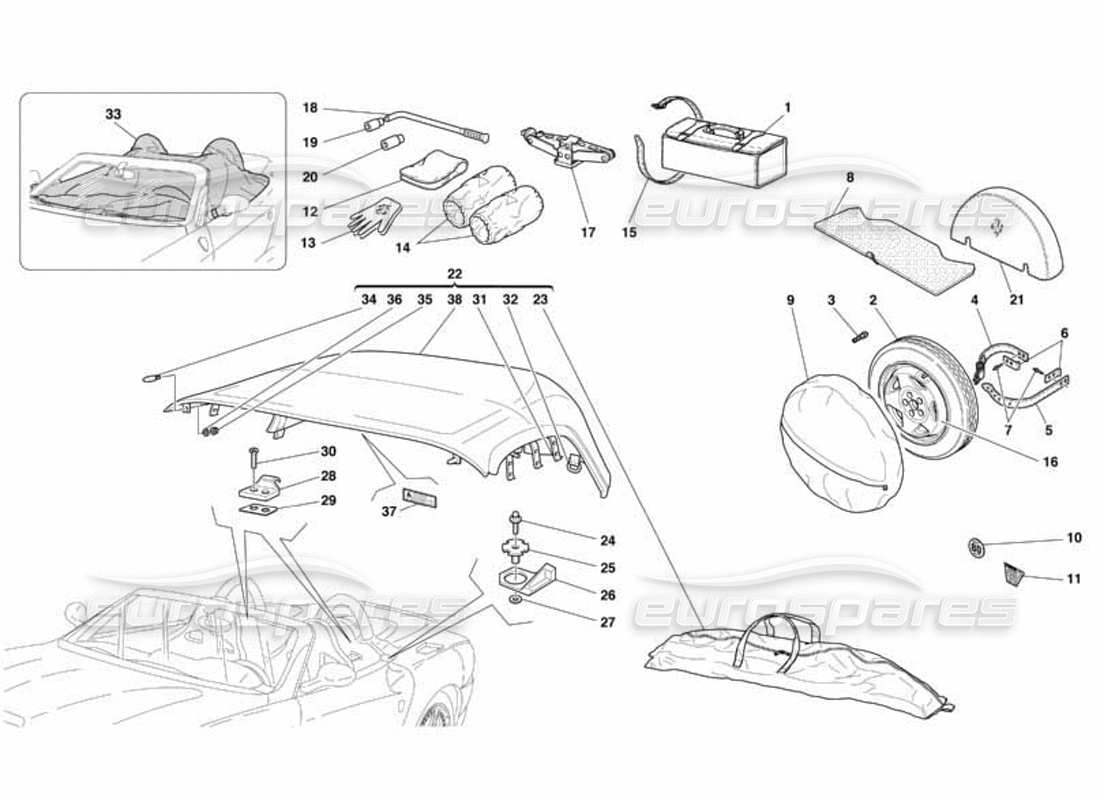 ferrari 550 barchetta capote - rueda de repuesto - kit de herramientas, bolsa y accesorios diagrama de piezas