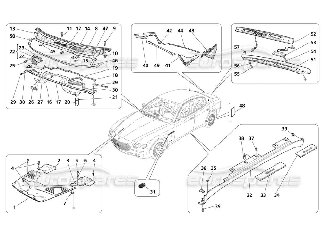 maserati qtp. (2006) 4.2 diagrama de piezas de escudos, molduras y cubiertas