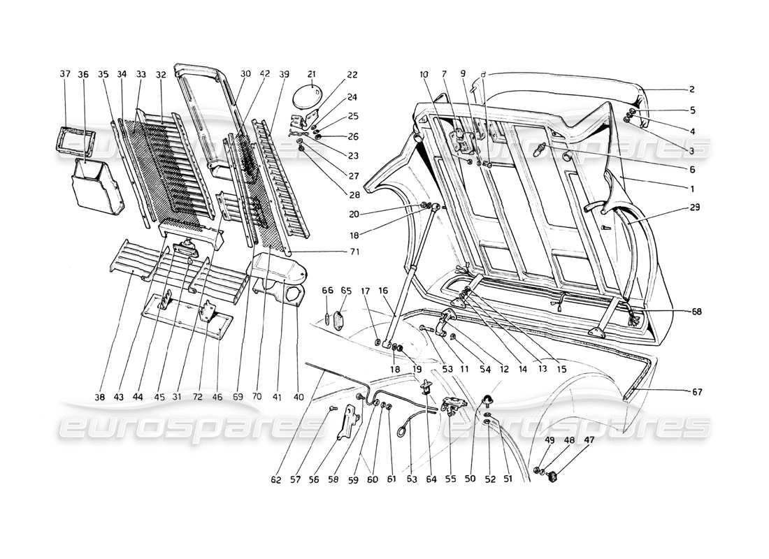 ferrari 512 bb diagrama de piezas del capó trasero