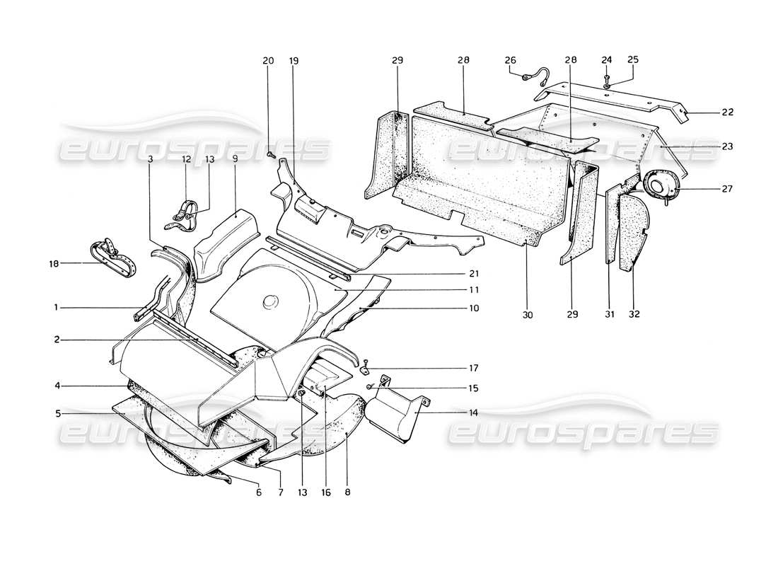 ferrari 365 gt4 berlinetta boxer diagrama de piezas de material aislante y mamparos