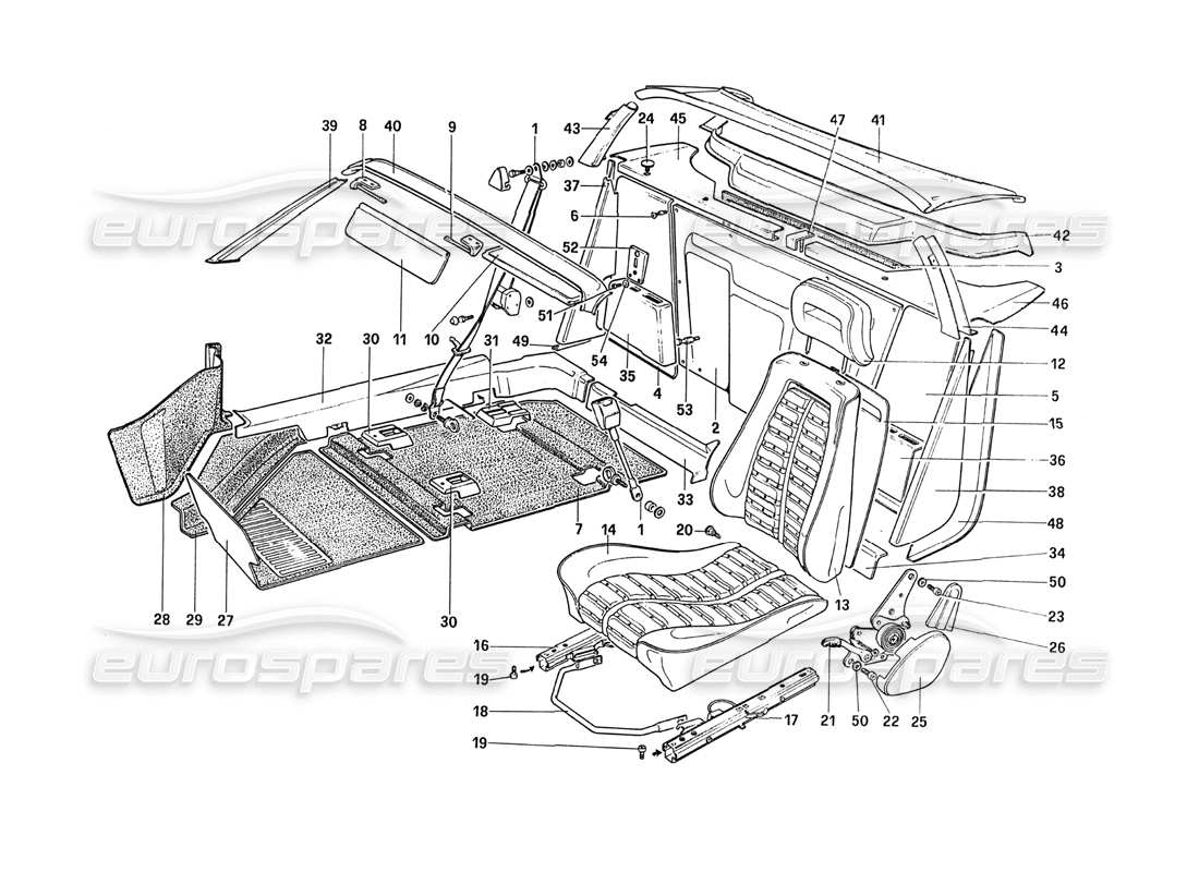 ferrari 288 gto adornos interiores: diagrama de piezas de accesorios y asientos