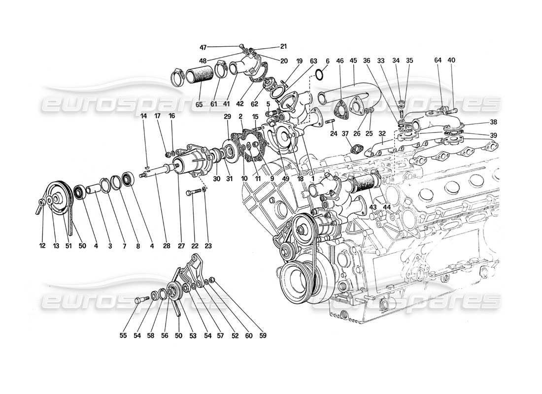 ferrari 288 gto diagrama de piezas de bomba de agua y tuberías