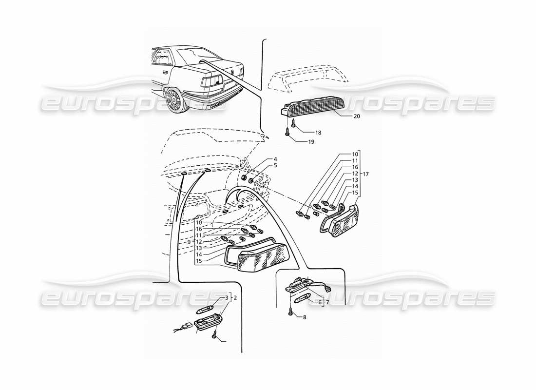 maserati qtp v6 (1996) diagrama de piezas de las luces traseras