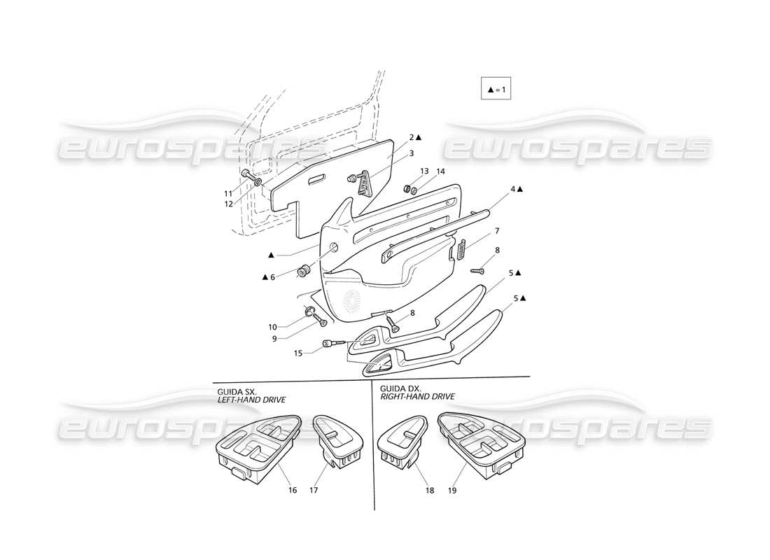maserati qtp v8 evoluzione adornos interiores: diagrama de piezas de los paneles de las puertas delanteras