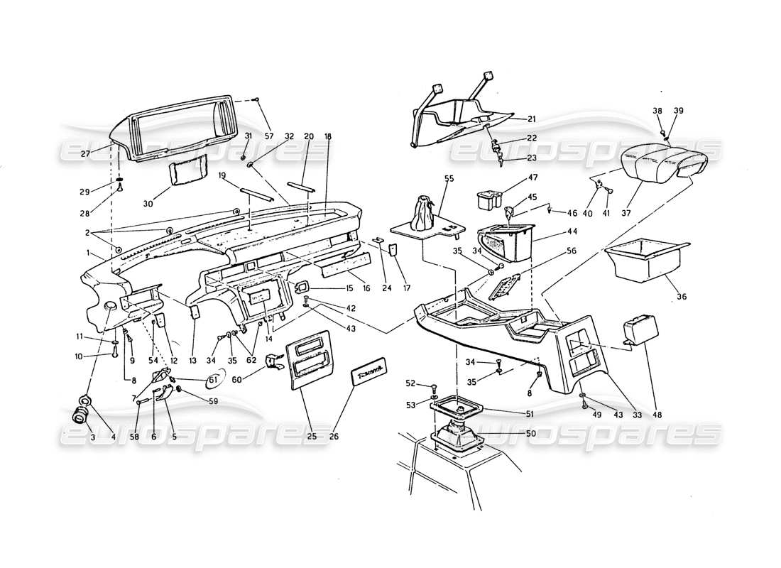 maserati biturbo 2.5 (1984) diagrama de piezas del panel de instrumentos y la consola