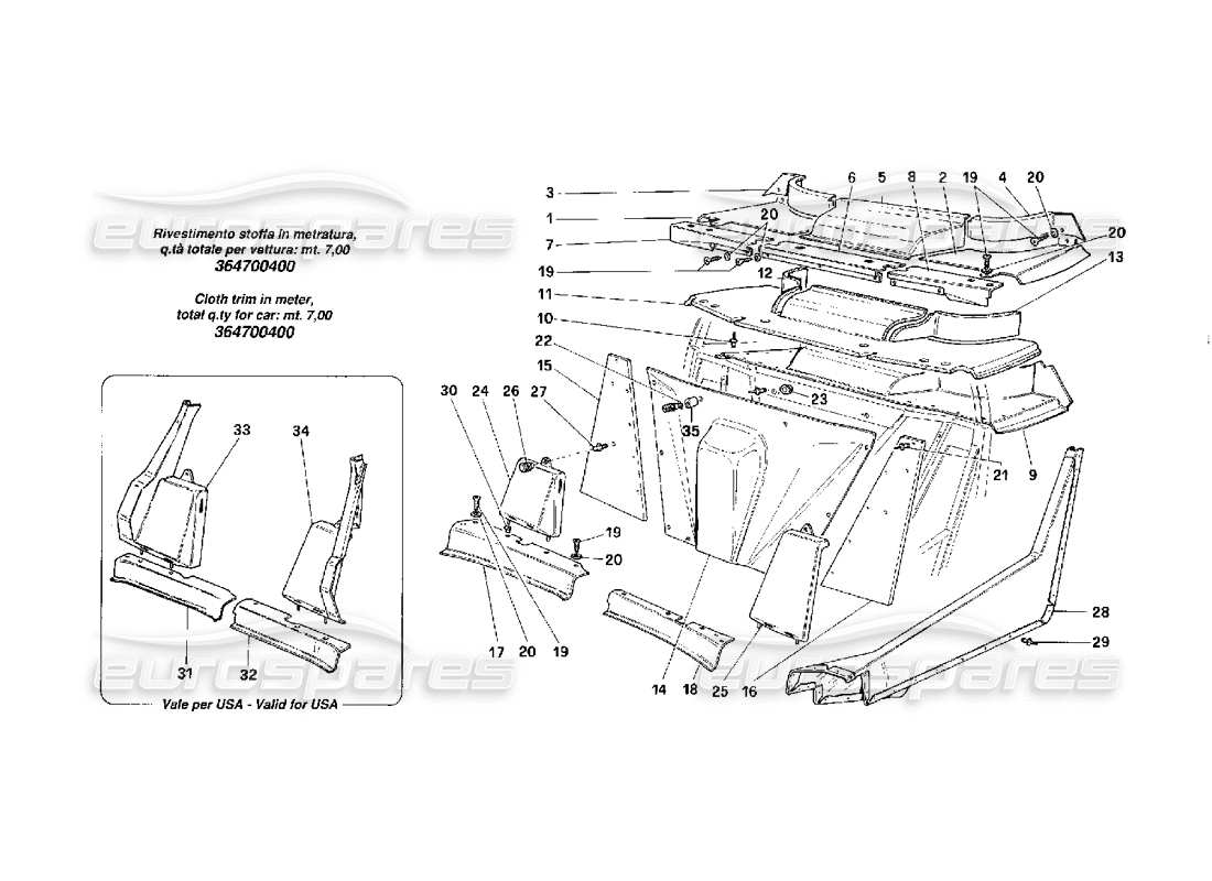 ferrari f40 elementos internos cuerpo -zona inferior y central- esquema de partes