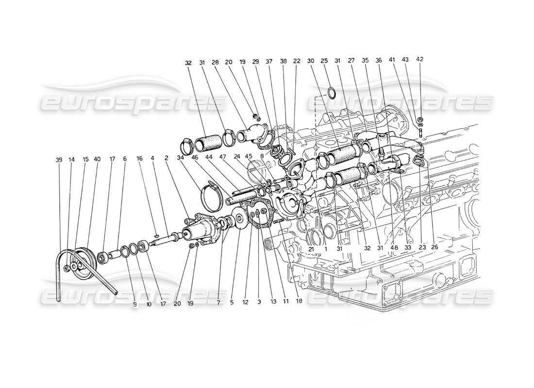 ferrari 208 gt4 dino (1975) bomba de agua y tuberías diagrama de piezas