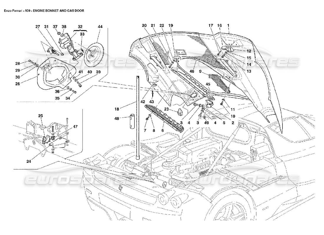 ferrari enzo capó del motor y puerta de gas diagrama de piezas