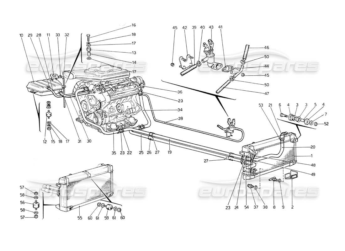 ferrari 208 gt4 dino (1975) sistema de refrigeración diagrama de piezas