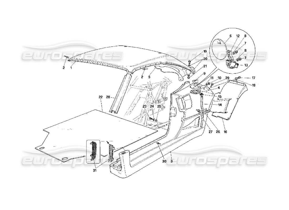 ferrari f40 elementos externos cuerpo - parte central diagrama de partes