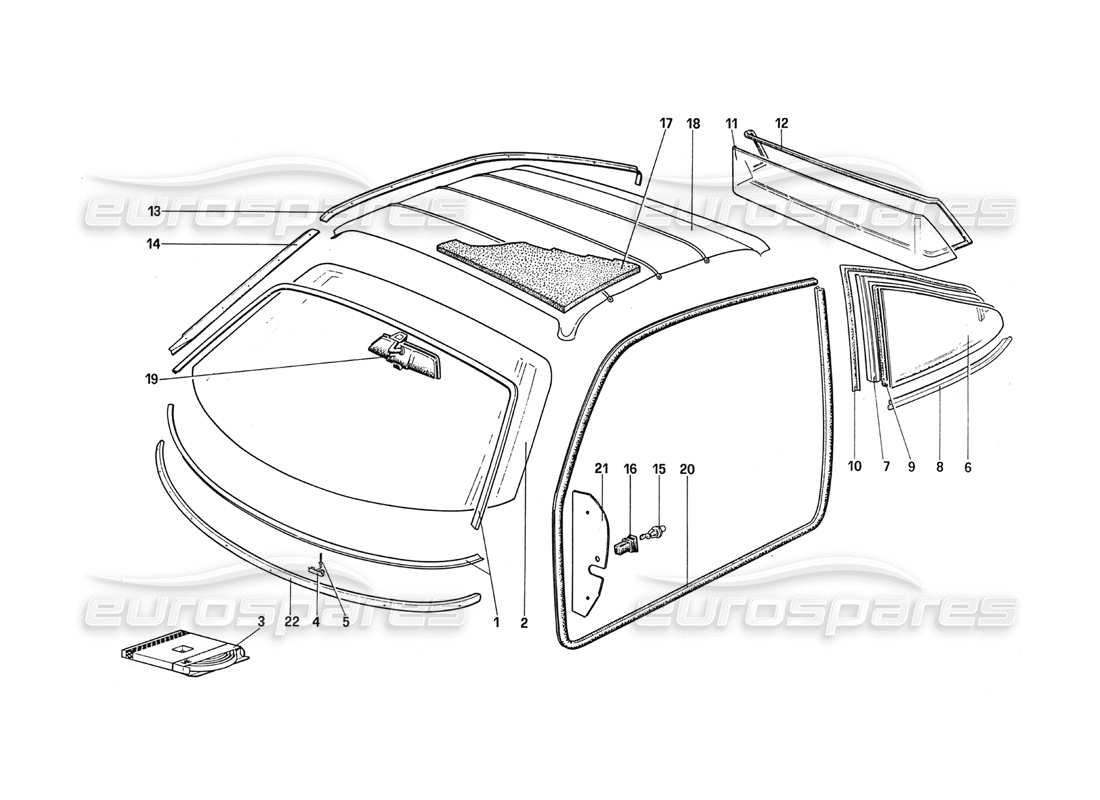 ferrari 288 gto diagrama de piezas de vidrios y juntas