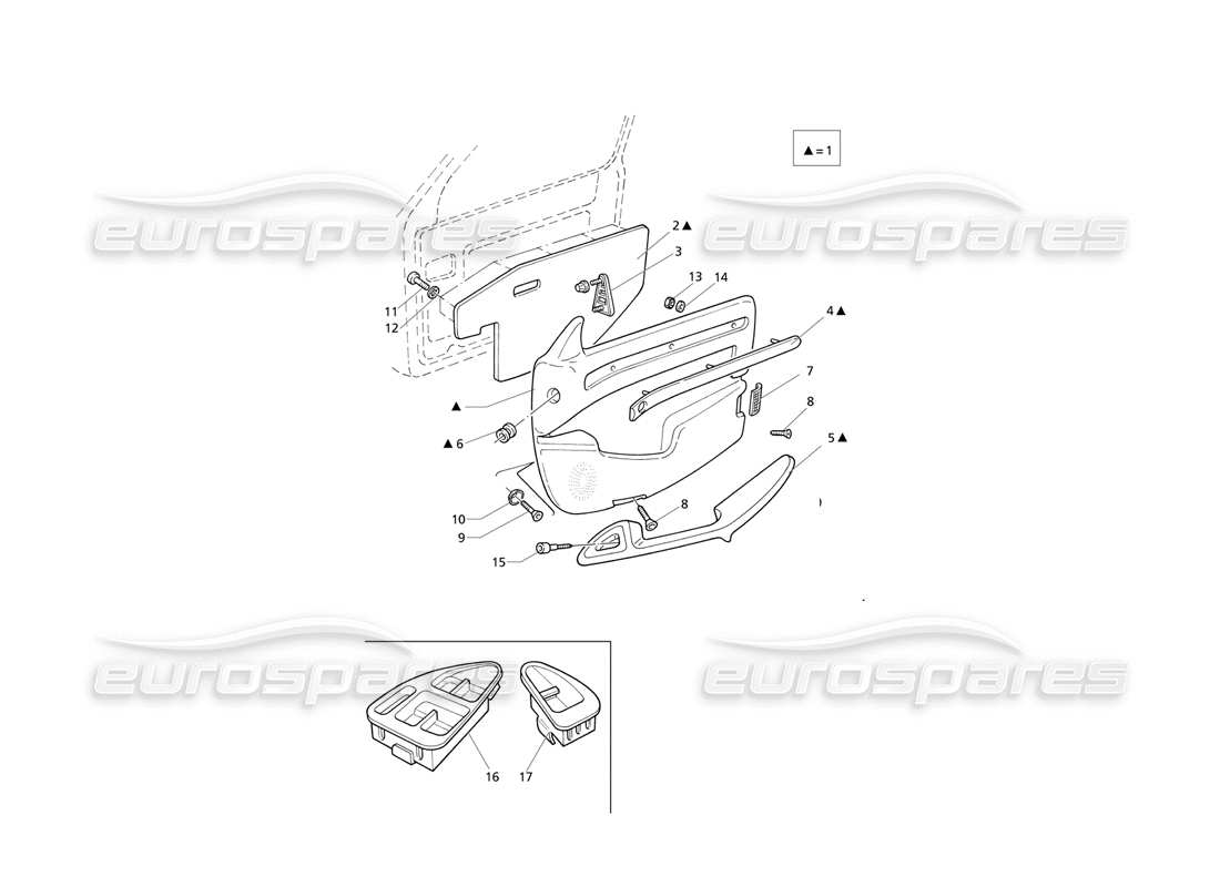 maserati qtp v6 evoluzione adornos interiores: diagrama de piezas de los paneles de las puertas delanteras