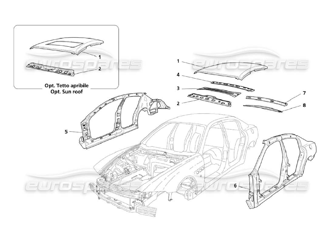 maserati qtp. (2006) 4.2 estructuras exteriores centrales y cuerpo. diagrama de piezas