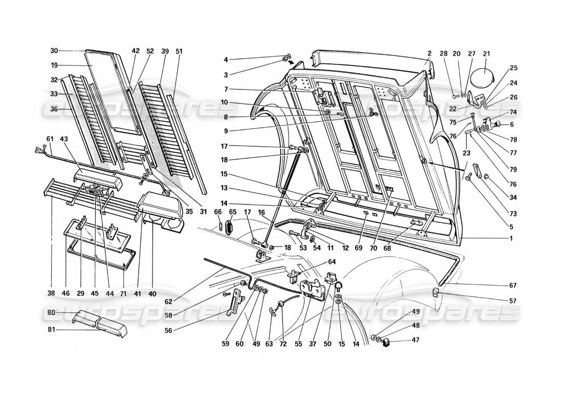 ferrari 512 bbi diagrama de piezas del capó trasero