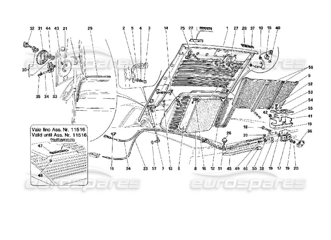 ferrari 512 tr diagrama de piezas del capó trasero