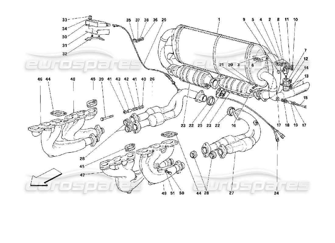 ferrari 512 tr sistema de escape -válido para usa, cdn, aus, ch- diagrama de piezas
