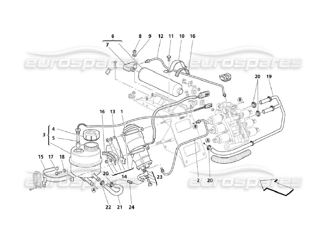 maserati qtp. (2006) 4.2 sistema hidráulico de control de la caja de cambios: diagrama de piezas del tanque y la bomba