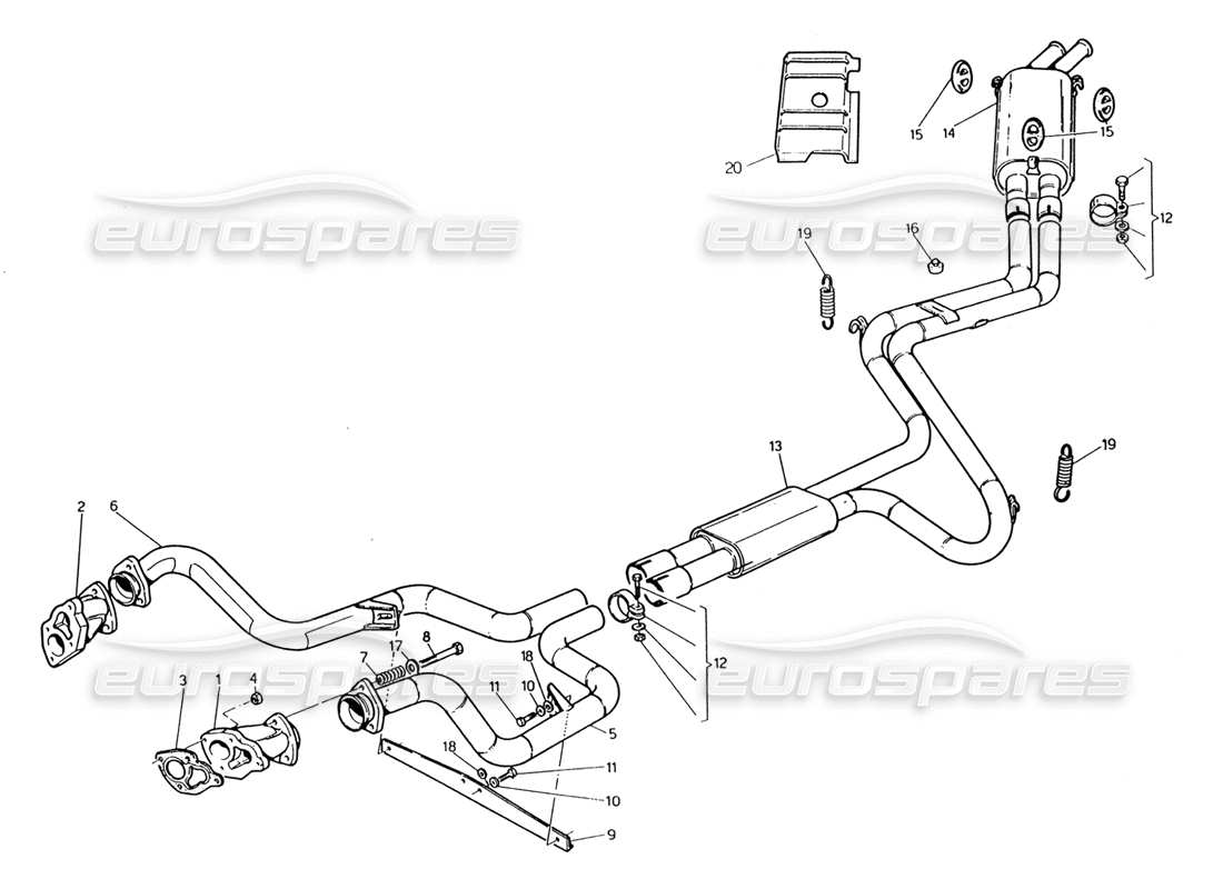 maserati 222 / 222e biturbo exhaust system without paint catalyst diagrama de piezas