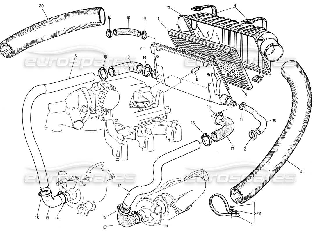 maserati 222 / 222e biturbo diagrama de piezas del filtro de aire y tuberías