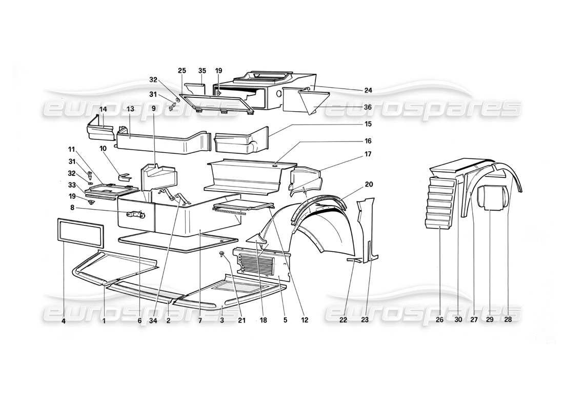ferrari testarossa (1987) cuerpo - componentes externos diagrama de piezas