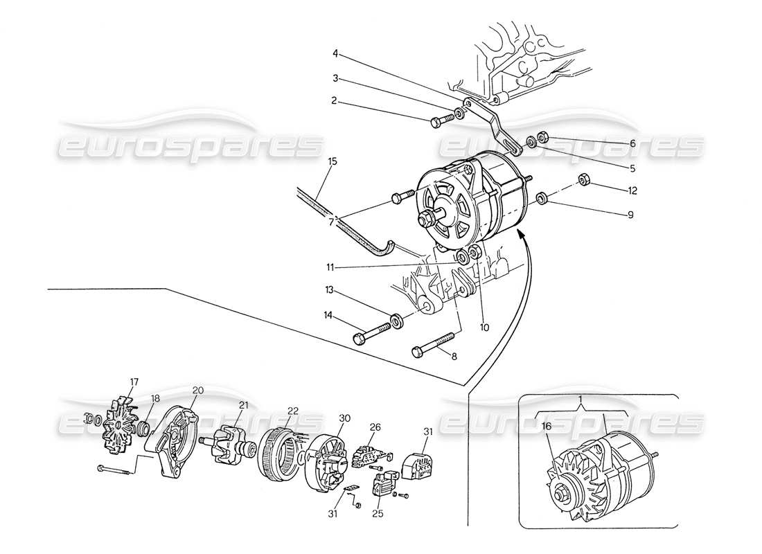 maserati biturbo spider diagrama de piezas del alternador y soporte